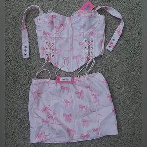 Edikted Pink Bow Print Corset and Skirt Set